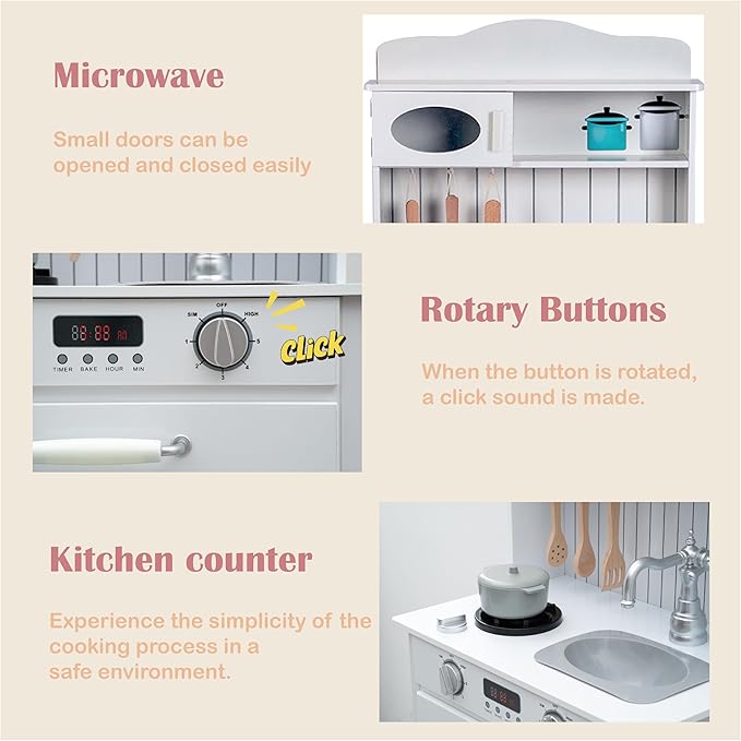 Play Kitchen for Kids, Wooden Kids Play Kitchen Playset Chef Pretend Play Set for Toddlers with Real Lights & Sounds, Toys Kitchen with 6pcs Cooking Accessories