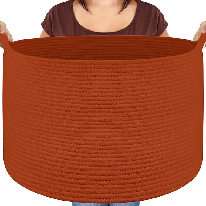 XXL Large Cotton Rope Basket - Maliton Large Storage for Blankets, Towels, Pillows - Round Toy Basket - Woven Laundry Hamper with Handles - 22" x 22" x 14" Nursery Hamper Bin, Burnt Orange