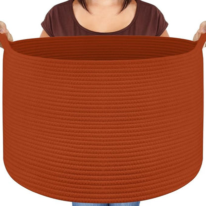 XXL Large Cotton Rope Basket - Maliton Large Storage for Blankets, Towels, Pillows - Round Toy Basket - Woven Laundry Hamper with Handles - 22" x 22" x 14" Nursery Hamper Bin, Burnt Orange