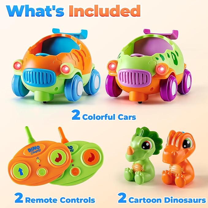 Remote Control Car for Toddlers 1-3: Dinosaur RC Cars Toys for Kids 2-4 with Led Lights Music, Christmas Birthday Gifts for 3-5 Year Old Boys, 2 Packs for Racing