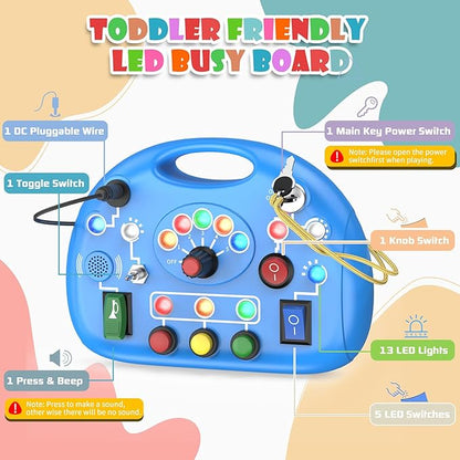 Busy Board with LED Light, Montessori Busy Board for 1+ Year Old, Sensory Toys with Sound and Switches, Fidget Board for Kids Electronic Early Development Toys Boys Birthday (Blue)