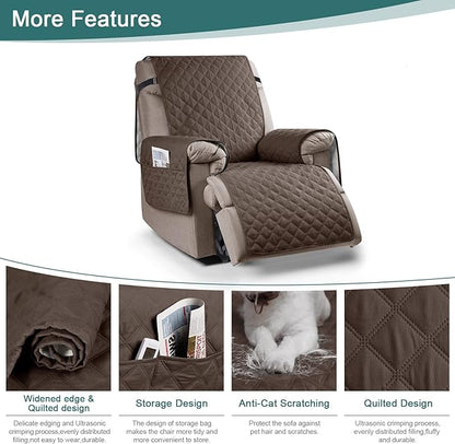 Ruaozz 100% Waterproof Recliner Chair Cover Non-Slip Oversized Reclining Cover for Large Recliner Chair Washable Chair Seat Cover with Elastic Straps for Kids, Dogs, Pets (Brown, 28'')