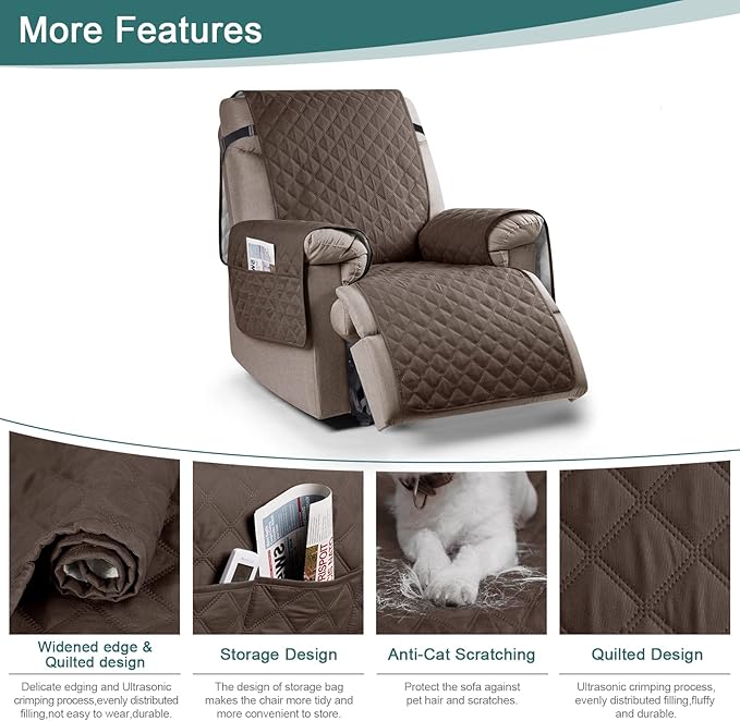 Ruaozz 100% Waterproof Recliner Chair Cover Non-Slip Reclining Cover for Recliner Chair Washable Chair Seat Cover with Elastic Straps for Kids, Dogs, Pets (Brown, 23'')