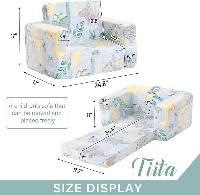 Tiita Kids Sofa, 2-in-1 Kids Sofa Chair, Convertible Children Couch to Lounger, Flip Out Kids Sofa Chair, Glow in The Dark Toddler Armrest Chair Bed for Girl or Boy (Grey Dinosaur)