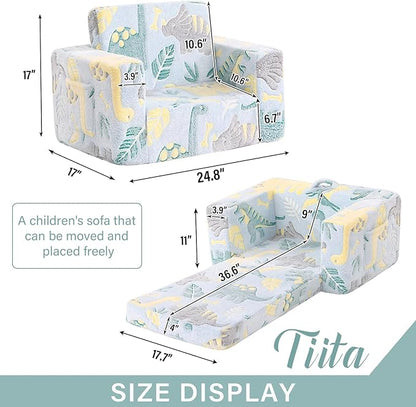 Tiita Kids Sofa, 2-in-1 Kids Sofa Chair, Convertible Children Couch to Lounger, Flip Out Kids Sofa Chair, Glow in The Dark Toddler Armrest Chair Bed for Girl or Boy (Grey Dinosaur)