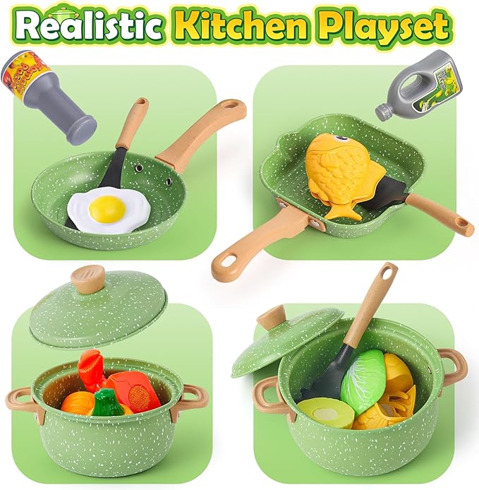 Play Kitchen Accessories Play Food Set for Kids, Stainless Steel Pots and Pans Cooking Set for Toddlers Pretend Food Toys, Kitchen Playset for Kids Ages 4-8 Birthday for Boys and Girls