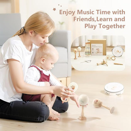 Baby Musical Instruments Set | Montessori Musical Toys for Toddlers 1-3 | Wooden Neutral Colors Percussion Instruments Set with Modern Boho Xylophone | Kids Preschool Educational Birthday Gifts