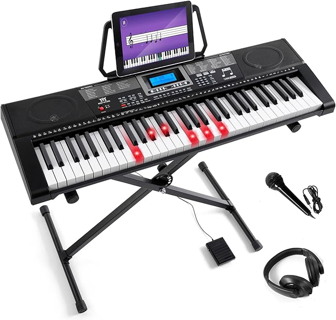 MUSTAR Piano Keyboard, MEKS-500 61 Key Learning Keyboard Piano with Lighted Up Keys, Electric Piano Keyboard for Beginners, Stand, Pedal, Headphones/Microphone, USB Midi, Joystick, Built-in Speakers