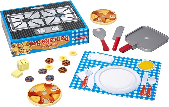 Melissa & Doug Flip and Serve Pancake Set (19 pcs) - Wooden Breakfast Play Food,Brown