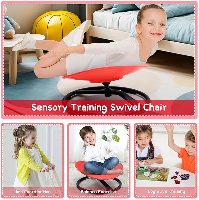 Kids Sensory Swivel Chair, Sensory Spin Chair for Autism Kids, Body Coordination Training Chair, Spin Seat, Metal Base, Non-Slip Design, (Red)