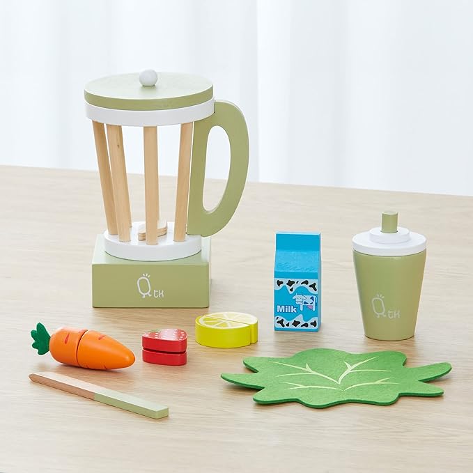 Teamson Kids Little Chef Frankfurt 13-pc. Wooden Play Kitchen Blender Accessory Set with Pretend Ingredients, Natural/Green