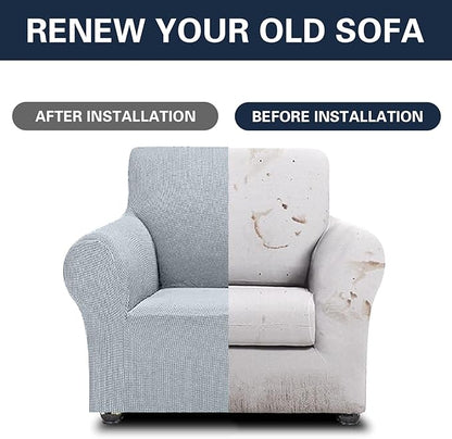 2025 New Stretch Chair Sofa Slipcovers Couch Cover for 1 Seater Furniture Protector Sofa Covers with Elastic Bottom Jacquard Fabric Small Checks for Pets, Kids - Silver