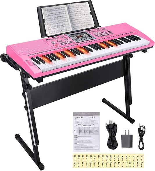 Kids Keyboard 61 Keys, Beginner Electronic Piano with One-Key Teaching 100 Tones & Rhythms, Portable Music Keyboard for Children with Microphone, Music Stand [Pink, Piano with Stand]
