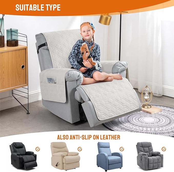 VANSOFY 100% Waterproof Recliner Chair Covers, Recliner Cover Non-Slip Dog Chair Cover Furniture Protector Washable Slipcover with Pocket, Elastic Straps for Pets, Dogs(Off White, 28")