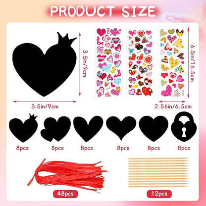FEBSNOW Valentines Crafts for Kids, 48 PCS Heart Rainbow Magic Scratch Art Valentines Day Cards for Kids Classroom Scratch Paper Art for Valentines Day Gifts Party Favors witn Heart Stickers