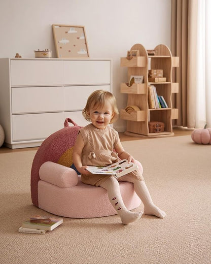 Blissful Diary Toddler Chair Comfy, Foam Kids Chair with Soft Teddy Plush, Toddler Reading Armchair with Cute Rainbow Designs- Blush Pink