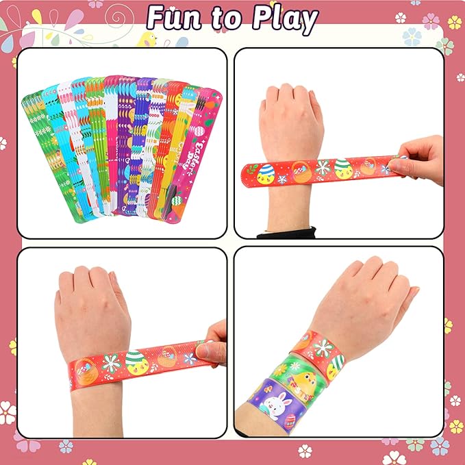 FOIMAS 48pcs Easter Slap Bracelets,Egg Bunny Chick Snap Bracelet Wristband for Easter Egg Filler Basket Stuffer Party Favor Supply