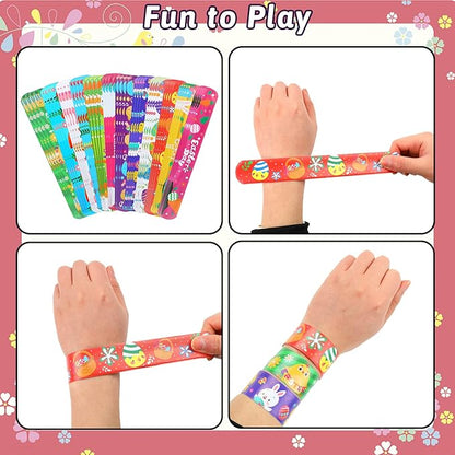 FOIMAS 48pcs Easter Slap Bracelets,Egg Bunny Chick Snap Bracelet Wristband for Easter Egg Filler Basket Stuffer Party Favor Supply