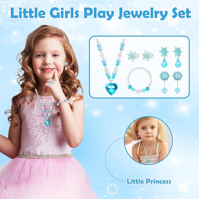 Kids Jewelry Toys for Girls, Toddler Dress Up Toy, Pretend Play Jewelry Set, Princess Jewelry with Snowflake Hair Clips & Hair Ties, for Girls Age 3 4 5 6 7 8 9 10