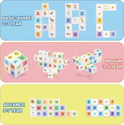 Magnetic Blocks ABC 123 Alphabet Colorful Printed, Building Blocks for Toddler 1-3, Magnet Cubes Sensory Toys, Preschool Early Learning Number,Letter,Animals,Education for Kids Age 1 2 3