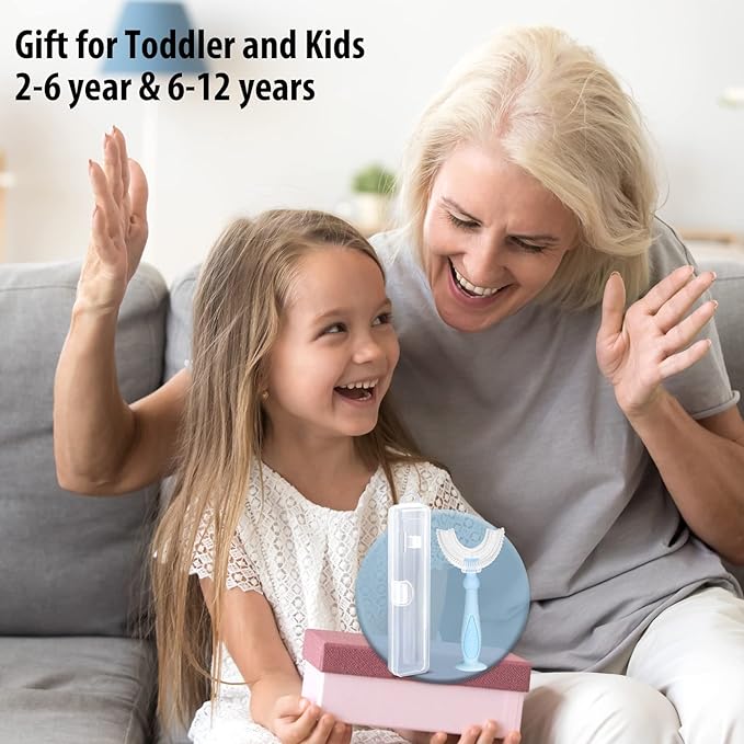 Kids U Shaped Toothbrush with Travel Case,Childrens Tooth Brush for Whole Mouth. Blue, Ages 2-6 Year