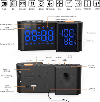 Alarm Clock Radio, Digital Alarm Clock for Bedrooms with USB Port, Large LED Display with Brightness Dimmer, Bedside FM Radio with Sleeper Timer, Temperature, Adjustable Volume, Snooze