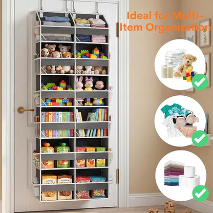 2 Pack Over The Door Organizer 6 Tiers, Extra Large Behind Door Storage of 12 Compartments, 80 lbs Weight Capacity Hanging Storage Organizer with Clear Window Kids Toys,Shoes (6 Tiers - Grey)
