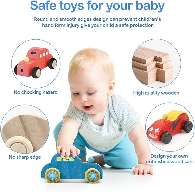 clothmile 6 Pieces DIY Wood Car Toys Unfinished Wooden Cars Toys Wooden Painting Blocks Crafts Kits for Christmas School Students Home Activities Craft Projects Easy Woodworking and Family Time Set