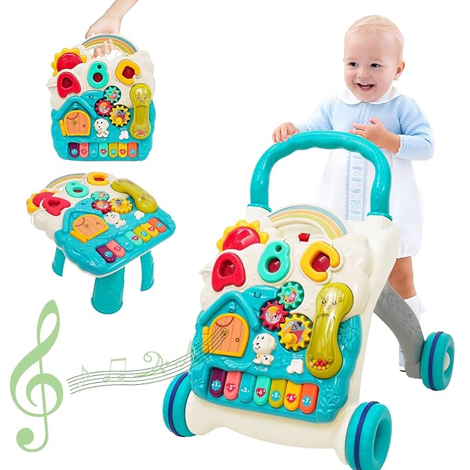 Sit-to-Stand Learning Walker 3 in1 Baby Walker Early Education Activity Center with Weight Design Sounds Music Phone Multifunctional Removable Play Panel Push Walker Toddler Toy Gift for Boys Girls