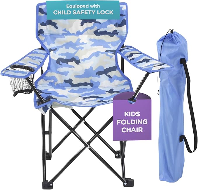 Emily Rose Kids Folding Chair | Beach Chair with Safety Lock- Camping Chair for Boys Girls Toddler with Cup Holder & Carry Case- Tailgate, Travel, Lawn- for Indoor & Outdoor (Blue Camo)
