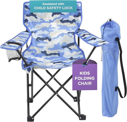 Emily Rose Kids Folding Chair | Beach Chair with Safety Lock- Camping Chair for Boys Girls Toddler with Cup Holder & Carry Case- Tailgate, Travel, Lawn- for Indoor & Outdoor (Blue Camo)