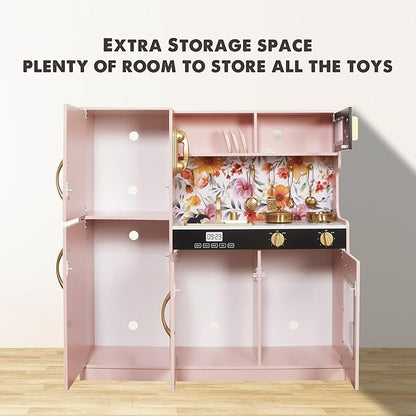 Wooden Play Kitchen Toy Set with Light, Kids Children Pretend Toy Kitchen Playset, Sink Play Toy Oven with Microwave,Toddler Cooking Set Toy for Ages 3+Baby Girls Boys (Pink)