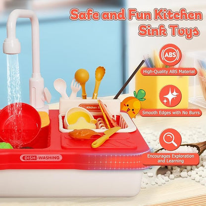 Kids Play Sink with Running Water, Toddler Sink Toy with Running Water with Electric Faucet, Kids Play Kitchen Sink Playset, Kids Play House Pretend Role Play Dishwasher Toy for Boys Girls, Red