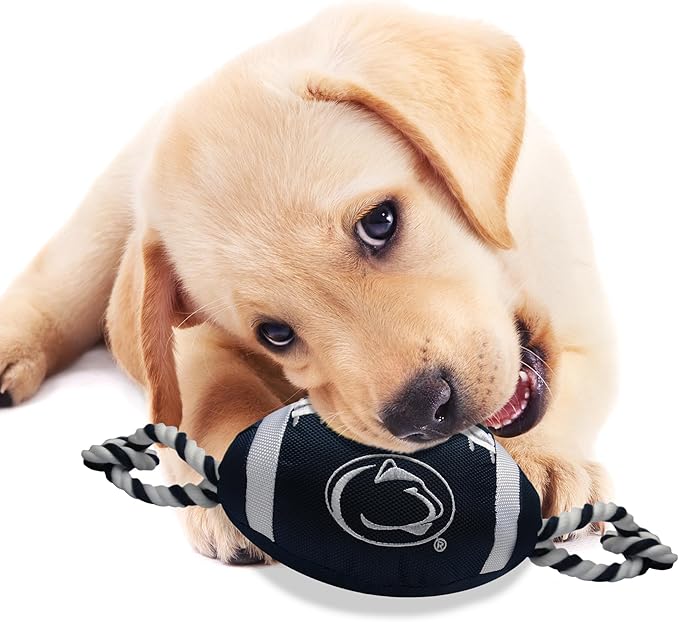 Pets First NCAA Penn State Nittany Lions Football Dog Toy, Tough Quality Nylon Materials, Strong Pull Ropes, Inner Squeaker, Collegiate Team Color