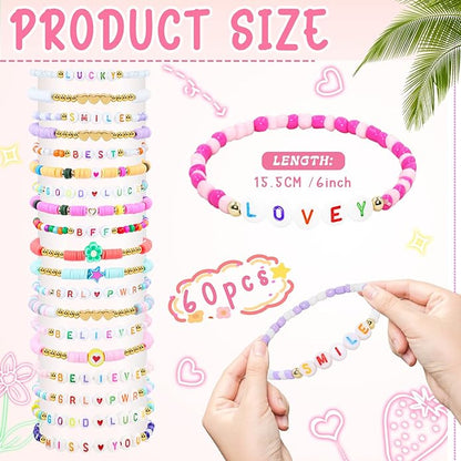 60 pcs Colorful Kids Friendship Bracelet Sets, Stackable Elastic Cute Beaded Bracelets Princess Pretend Play Bracelet Preppy Bracelets Bulk Set for Women Gift