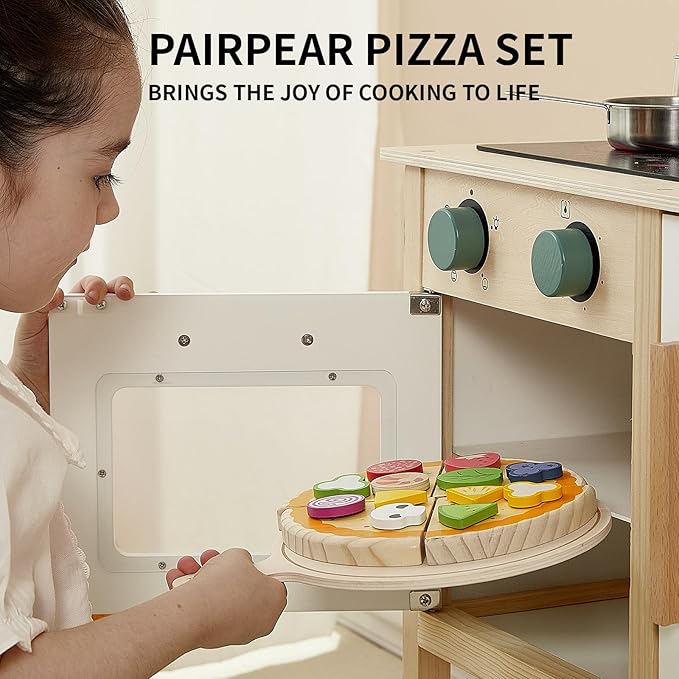 PairPear Wooden Pizza Toy Cutting Play Food Set, Kids Pretend Play Kitchen Accessories, Wooden Kids Kitchen Playset, Pizza Making Toy Set Cooking Gifts for Boys Girls Age 3+