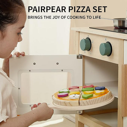 PairPear Wooden Pizza Toy Cutting Play Food Set, Kids Pretend Play Kitchen Accessories, Wooden Kids Kitchen Playset, Pizza Making Toy Set Cooking Gifts for Boys Girls Age 3+