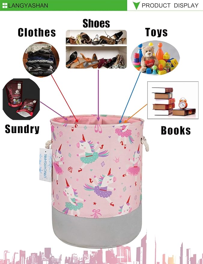 LANGYASHAN Laundry Basket Canvas Collapsible Organizer Storage Basket for Boys Girls Hamper Toy Bins Gift Bedroom Clothes Children Nursery (Pink Dancing Unicorn)