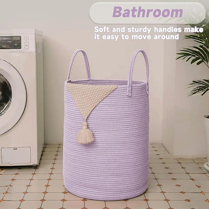 JMvicyroam Large Woven Laundry Basket Hamper,60L Cotton Rope Storage Bin for Blankets,Toys and Clothes,Decorative Tall Nursery Hamper for Living Room,Baby Nursery,Bathroom and Bedroom,Purple