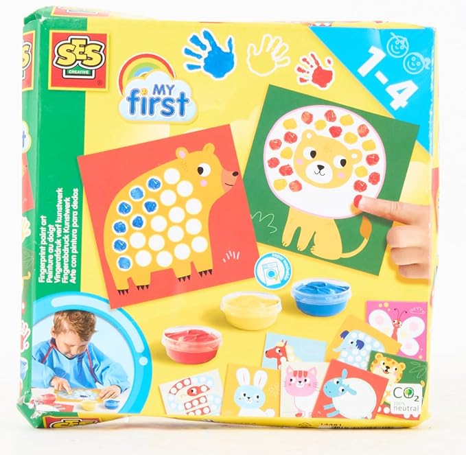SES Creative: My First Fingerprint Paint Art - Craft Set, 10 Animal Coloring Sheets, Yellow-Red-Blue Non-Toxic Paint, Toy, Baby-Toddler-Kids Ages 1+