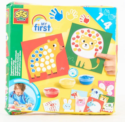 SES Creative: My First Fingerprint Paint Art - Craft Set, 10 Animal Coloring Sheets, Yellow-Red-Blue Non-Toxic Paint, Toy, Baby-Toddler-Kids Ages 1+