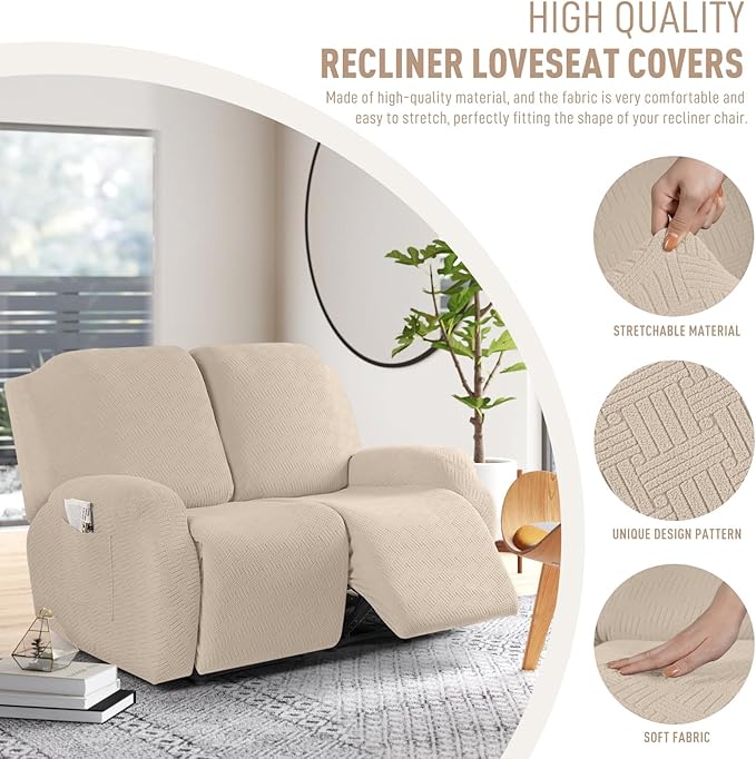KinCam Recliner Covers, Stretch Reclining Chair Covers, Recliner Sofa Slipcovers Stripe Jacquard Recliner Couch Covers Furniture Protector Covers for Pet Kid (2 Seater, Vanilla)