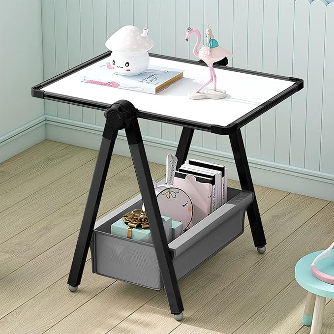 Art Easel for Kids, Double Sided Kids Easel Drawing Board, Whiteboard & Chalkboard for Kids, 360°Rotating Adjustable Kids Easel Art Set, Standing Erasable Easel Board, Easel for Classroom (Black)