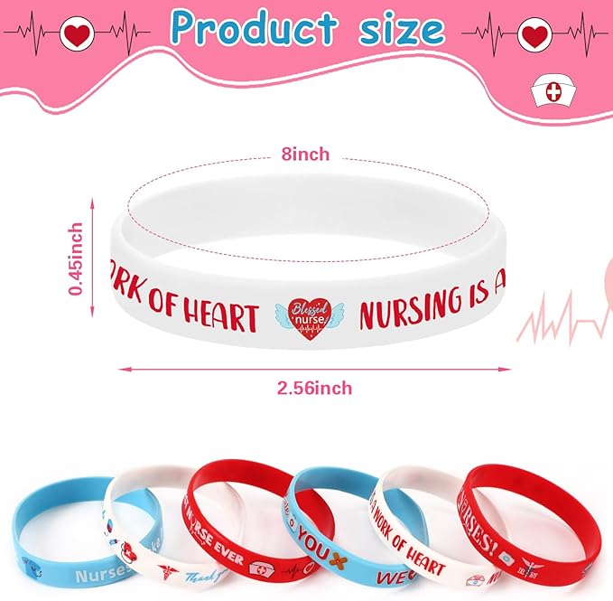 JUNEBRUSHS 24Pcs Nurse Inspirational Silicone Rubber Wristbands Bracelets for Nurse Appreciation Week Decorations Party Favors Supplies(6 Designs)