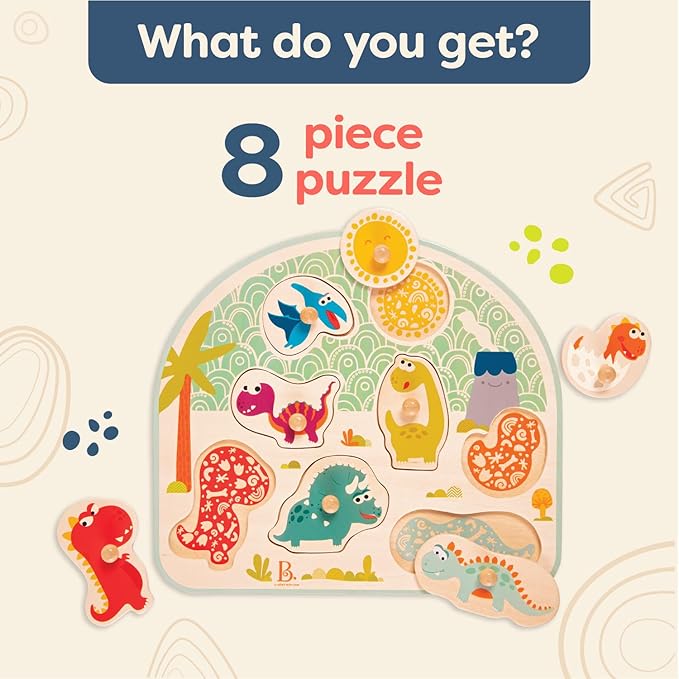 B. toys- Stomping Dinos- Wooden Peg Puzzle – Dinosaur Puzzle – 8 Pieces – Classic Toys for Toddlers, Kids – 18 Months +