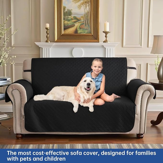 XINEAGE Loveseat Sofa Cover Waterproof Couch Covers for 2 Cushion Couch, Soft Washable Slipcover with Pockets & Non-Slip Elastic Straps, Thick Furniture Protector (Loveseat, Black)