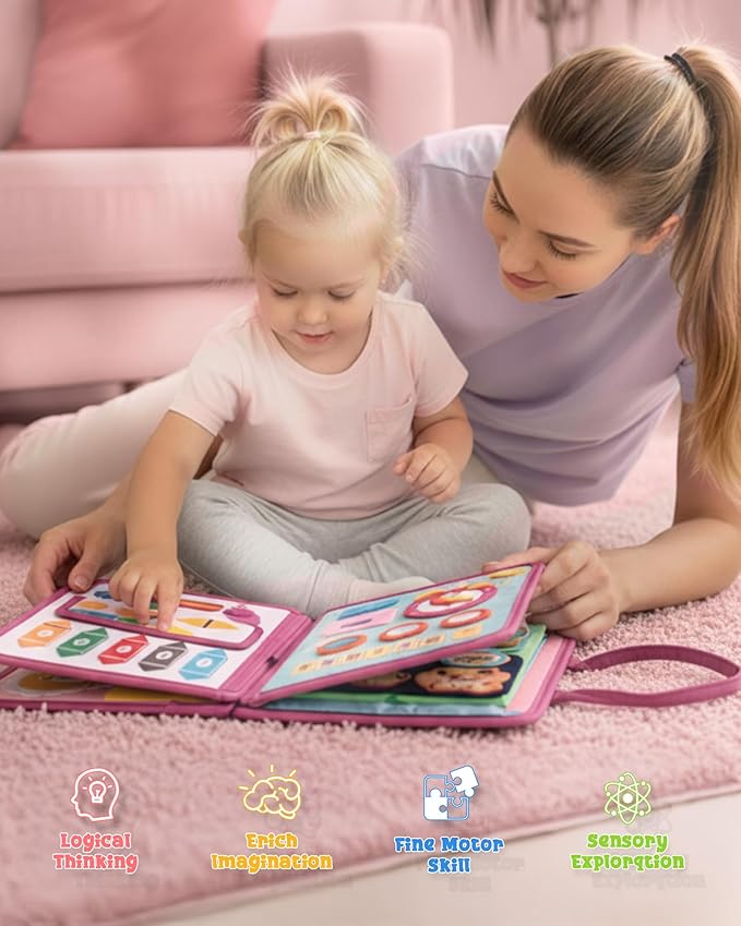 Busy Board for 1 Year Old, Busy Book for Toddlers 1-3, 2 Year Old Girl Toys, Montessori Toys for 1 Year Old, Educational Sensory Activities, Learning Fine Motor Skills Travel Toy for Girls(Pink)