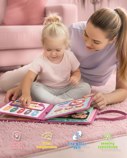 Busy Board for 1 Year Old, Busy Book for Toddlers 1-3, 2 Year Old Girl Toys, Montessori Toys for 1 Year Old, Educational Sensory Activities, Learning Fine Motor Skills Travel Toy for Girls(Pink)