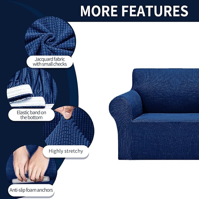 2025 New Stretch Sofa Slipcovers Couch Cover for 3 Cushion Furniture Protector Sofa Covers with Elastic Bottom Jacquard Fabric Small Checks for Pets, Kids -Sofa, Classic Blue