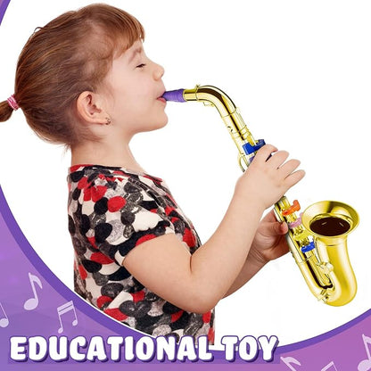 Lewtemi Gold Saxophone Musical Instruments Toy for Kid Toddler Fake Plastic Preschool Music Toy Gift Portable Wind Instrument Early Educational Teaching Songs Gifts for Toddlers Children